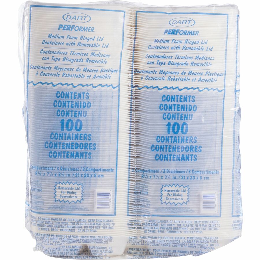 Dart® 85HT3R 8"x8"x3" Foam Hinged 3 Compartment Carryout Trays - 200ct