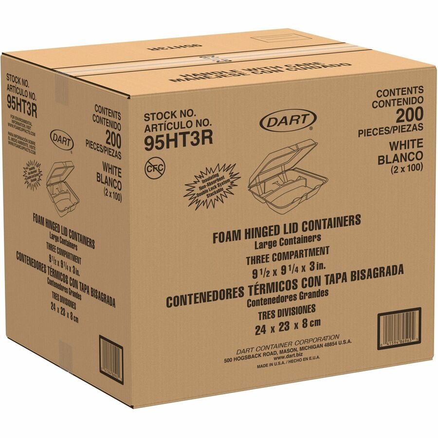 Dart® 95HT3R 9.5"x9.5" Foam Three Compartment Hinged Carryout Tray - 200ct