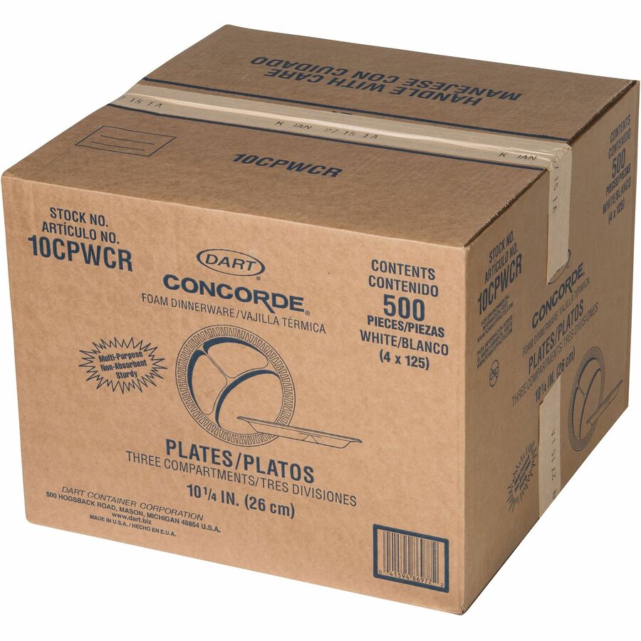 Dart® 10CPWCR 10.25” Styrofoam 3 Compartment Plates - 500ct