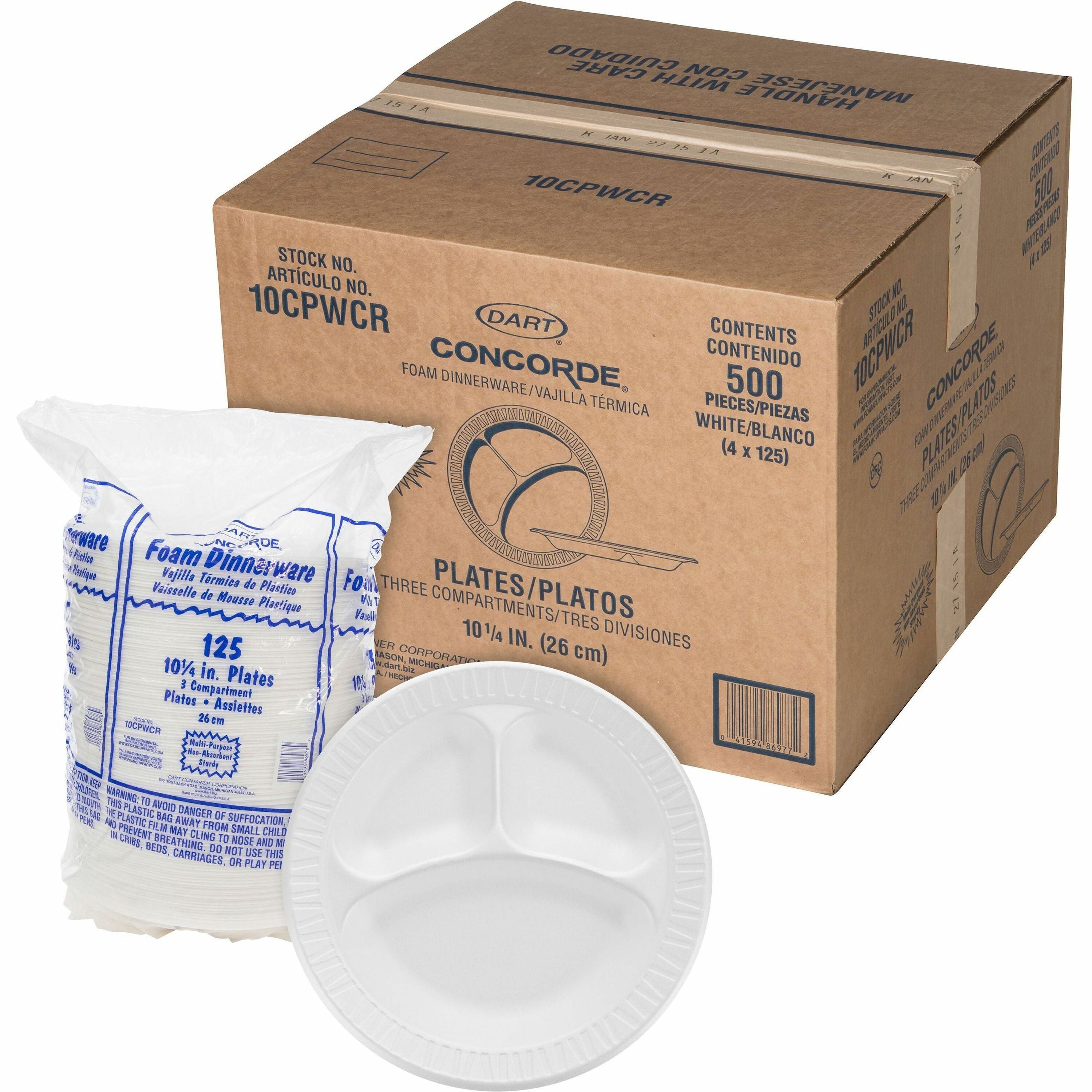 Dart® 10CPWCR 10.25” Styrofoam 3 Compartment Plates - 500ct