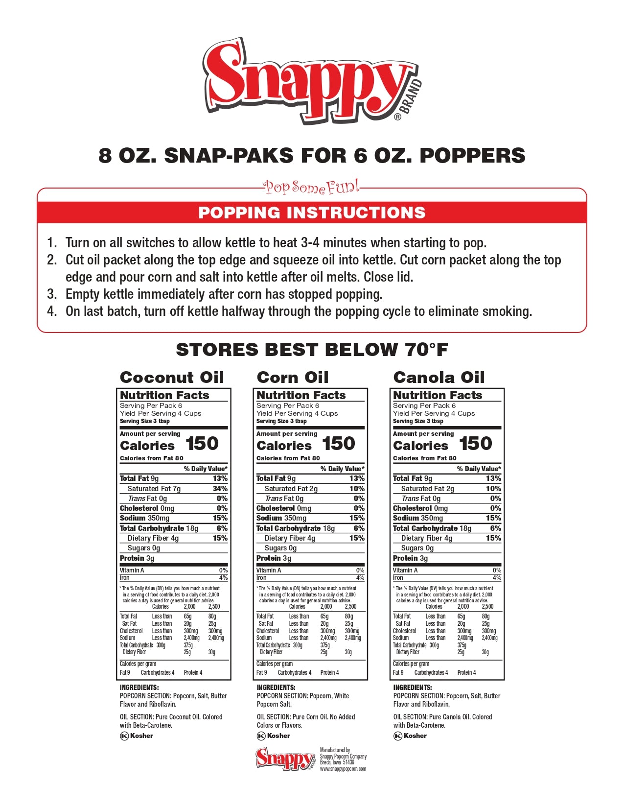 Snappy® Yellow Popcorn Kits for 6 oz Popcorn Machine with Coconut Oil - 36 Kits