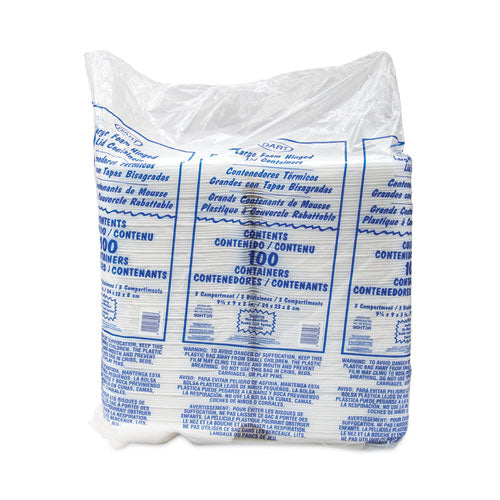 Dart® 90HT3R 9"x9" Foam Three Compartment Hinged Carryout Tray - 100ct (Sleeve)