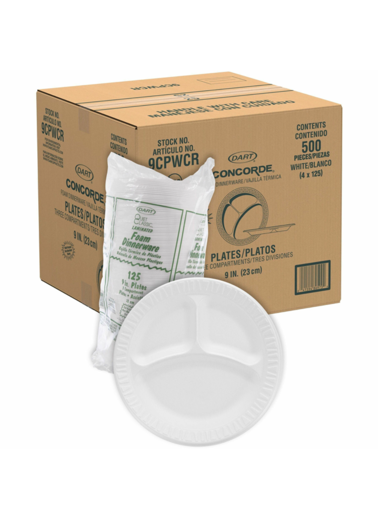 Dart® 9CPWCR 9” Styrofoam 3-Compartment Plates - 500ct