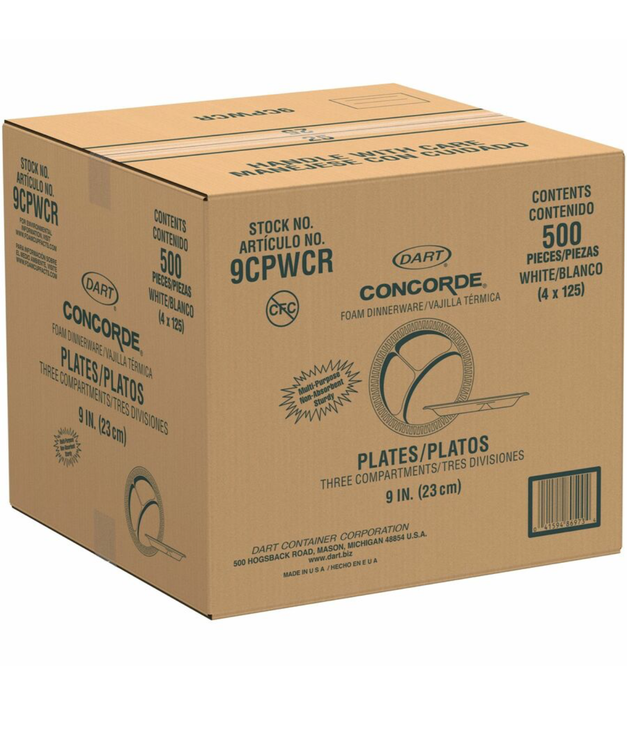 Dart® 9CPWCR 9” Styrofoam 3-Compartment Plates - 500ct