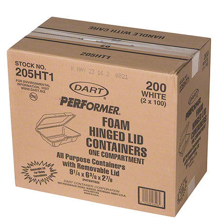 Dart® 205HT1 White Insulated Single Compartment 9"x6"x3" Foam Container - 200ct
