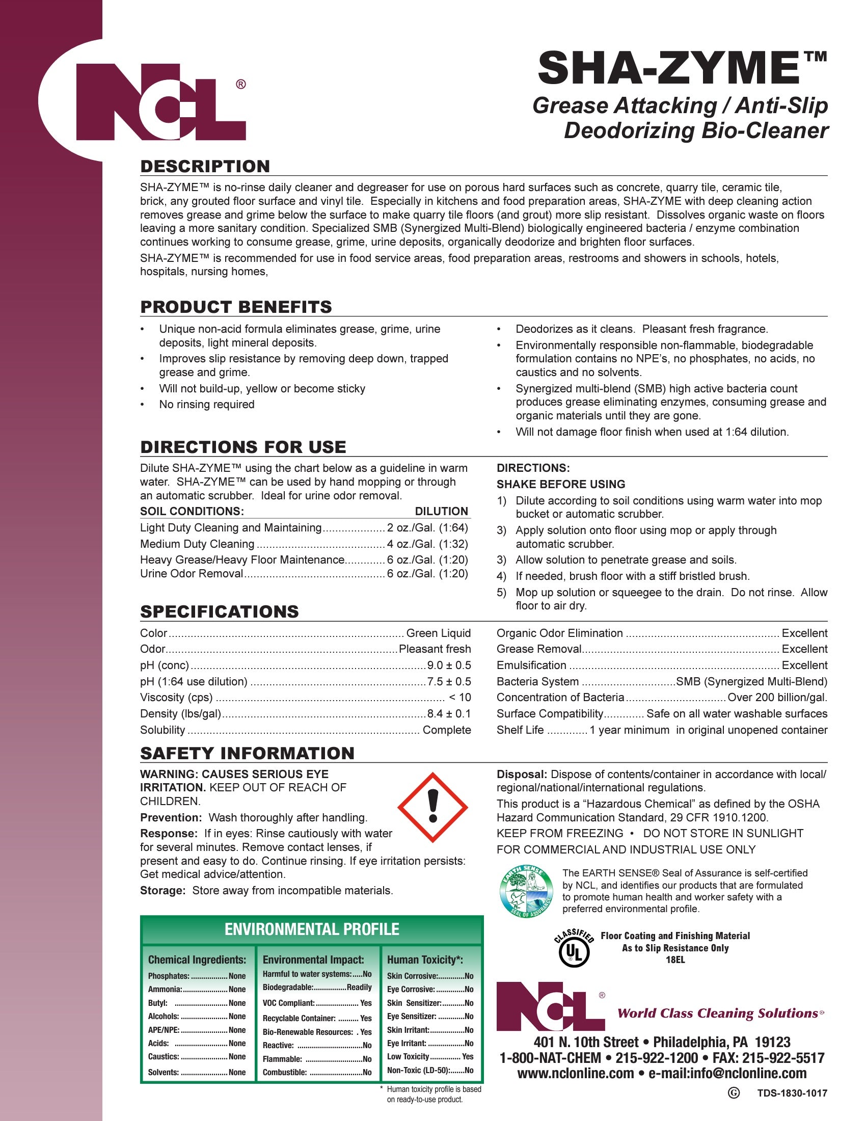 NCL® SHA-ZYME™ Grease Attacking / Anti-Slip Deodorizing Bio-Cleaner - Gallon