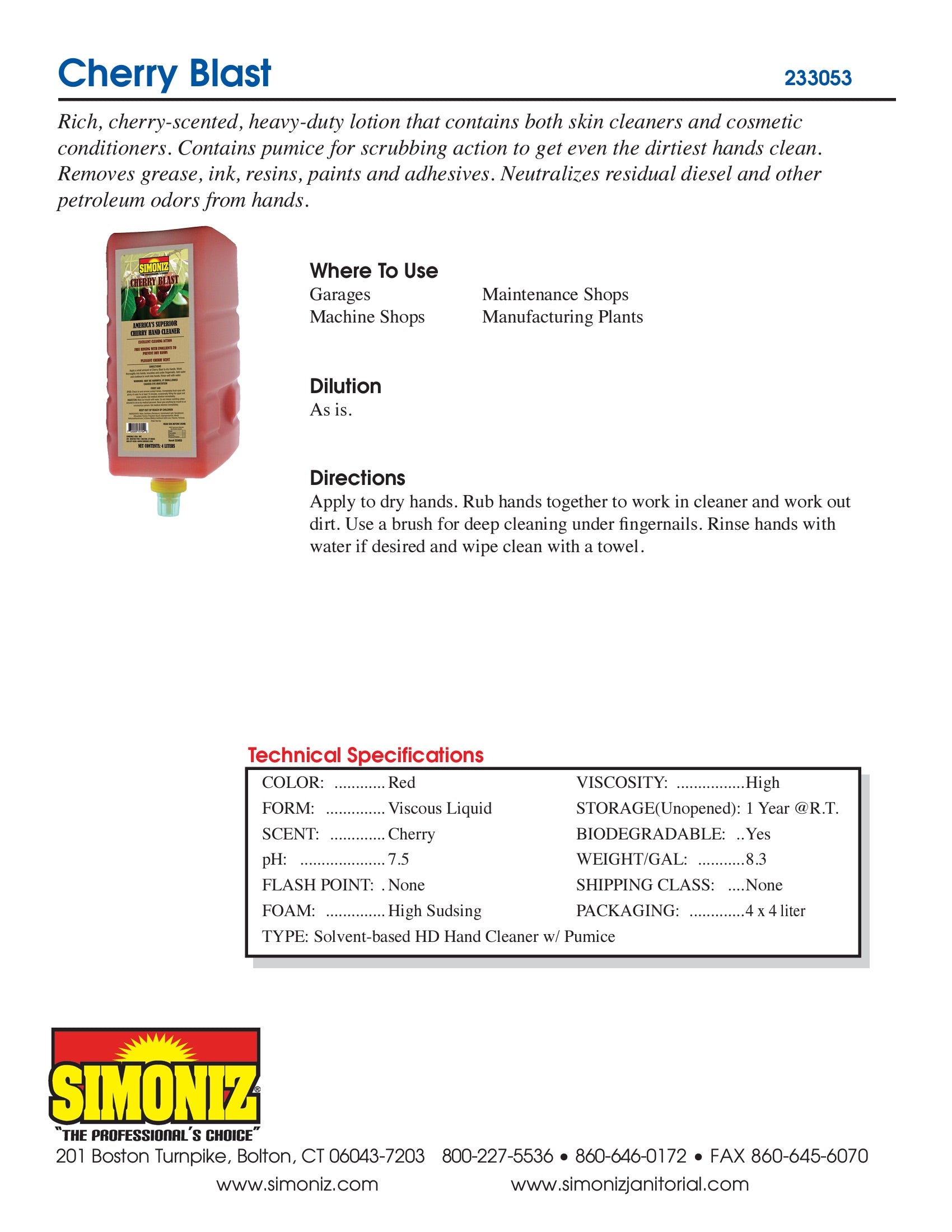 Simoniz® Cherry Blast Industrial Strength Hand Cleaner - 1 liter