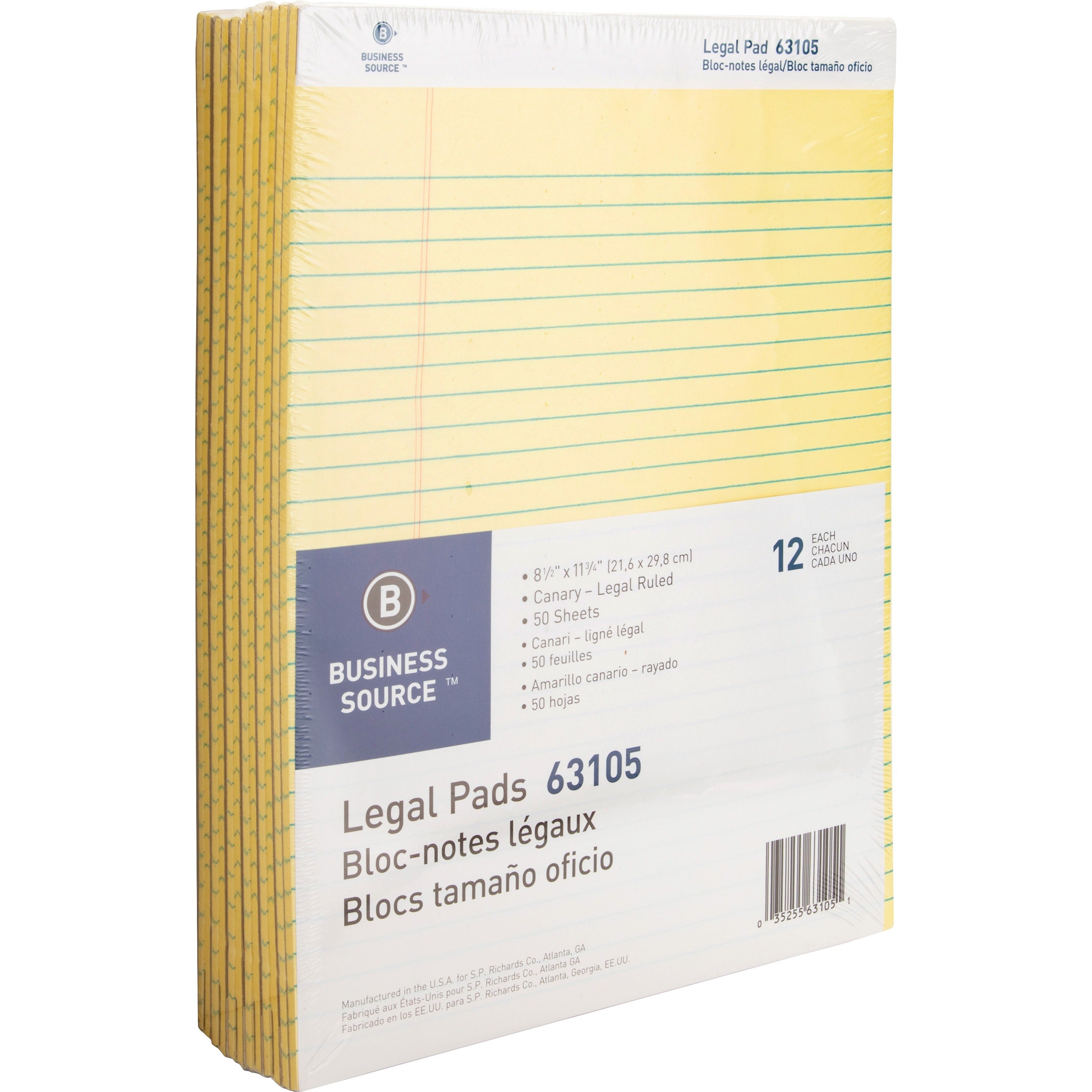 Business Source® Micro-Perforated Legal Ruled Pads – Canary (8.5” x 11.75”) - 12ct