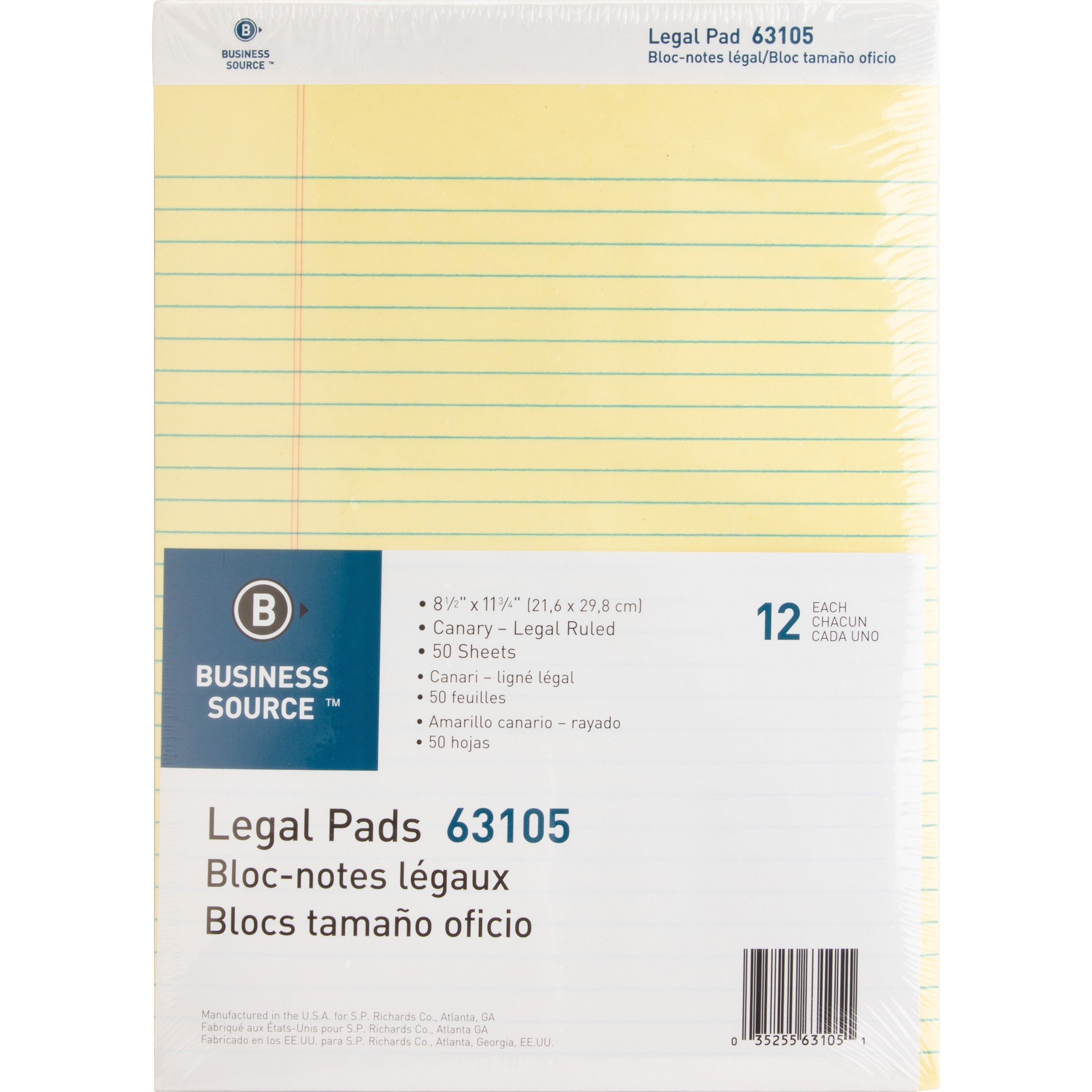 Business Source® Micro-Perforated Legal Ruled Pads – Canary (8.5” x 11.75”) - 12ct
