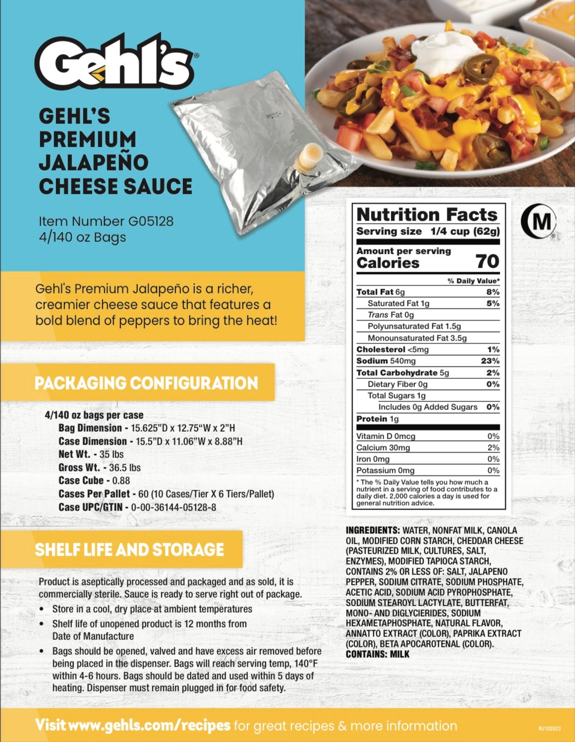 Gehl’s Premium Jalapeño Cheese Sauce - 4/140oz Bags