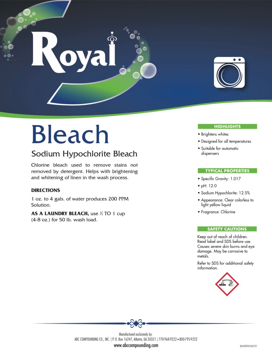 Royal® Bleach 12.5% Sodium Hypochlorite - 5 Gallon Pail