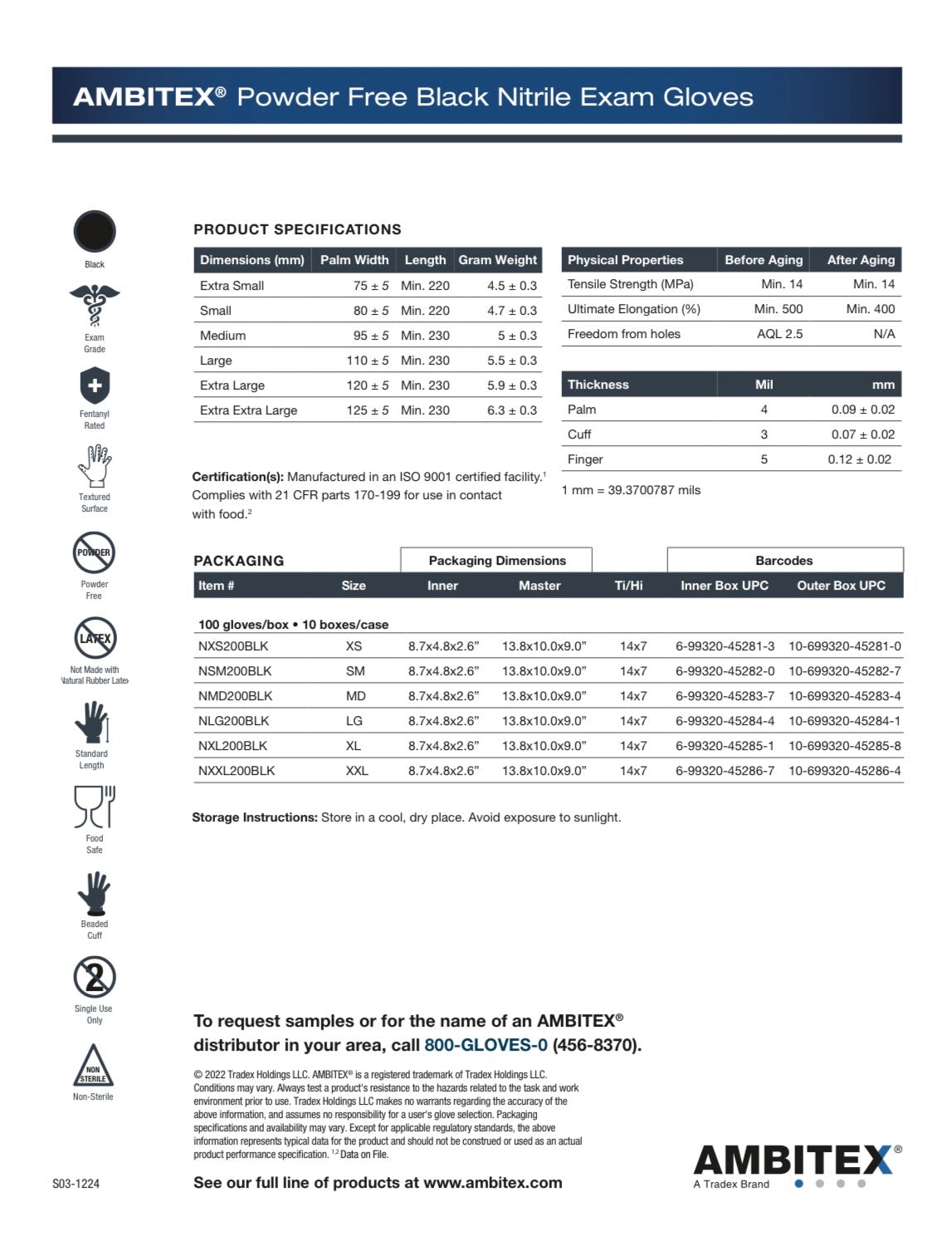 AMBITEX® 5 Mil Powder Free Black Nitrile Exam Gloves