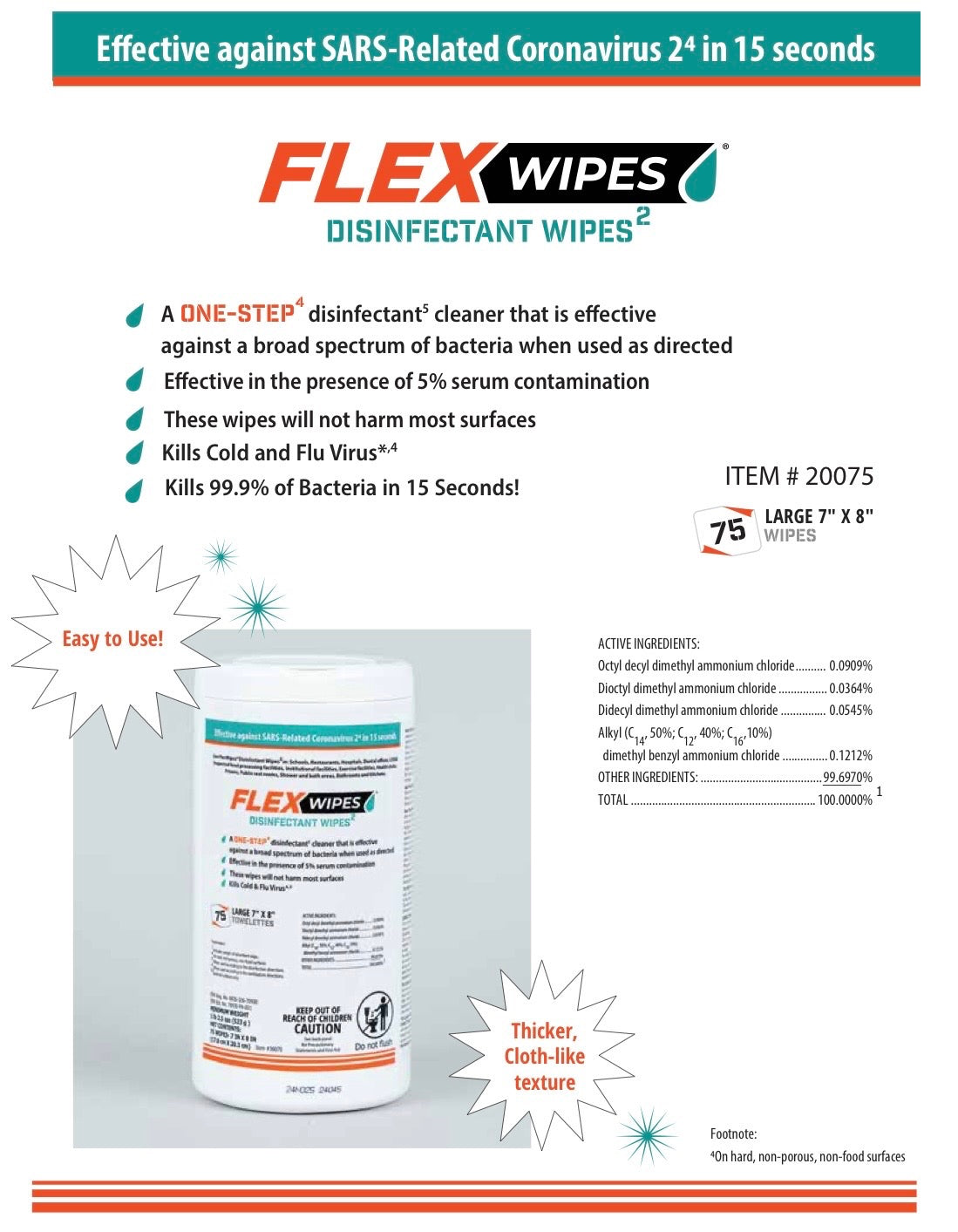 FlexWipes™ Disinfectant Wipes – 75 Count Canister (6/Case) – Item# FG20075