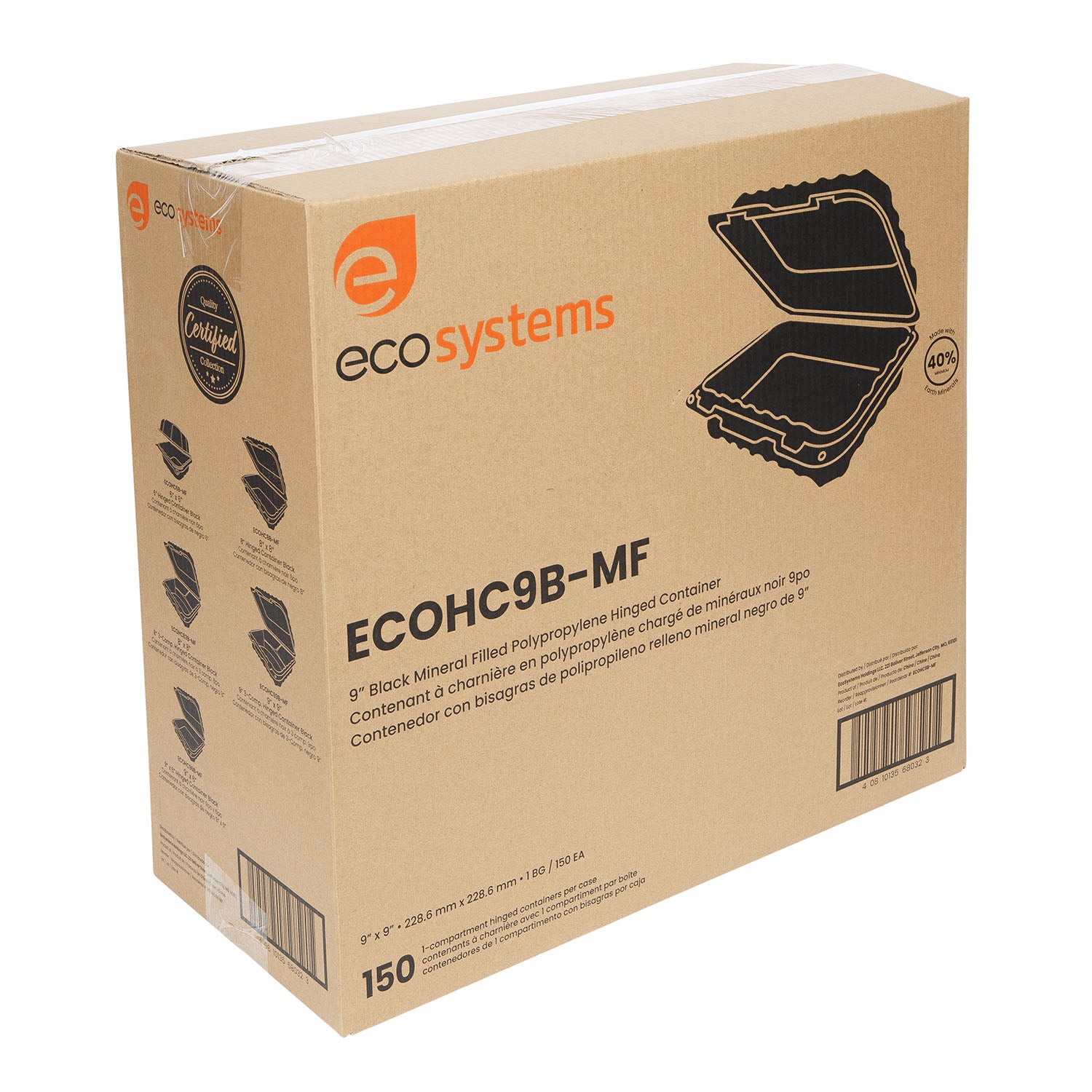 EcoSystems 9"x9" Black Mineral Filled Polypropylene 1-Compartment Hinged Container - 150 ct