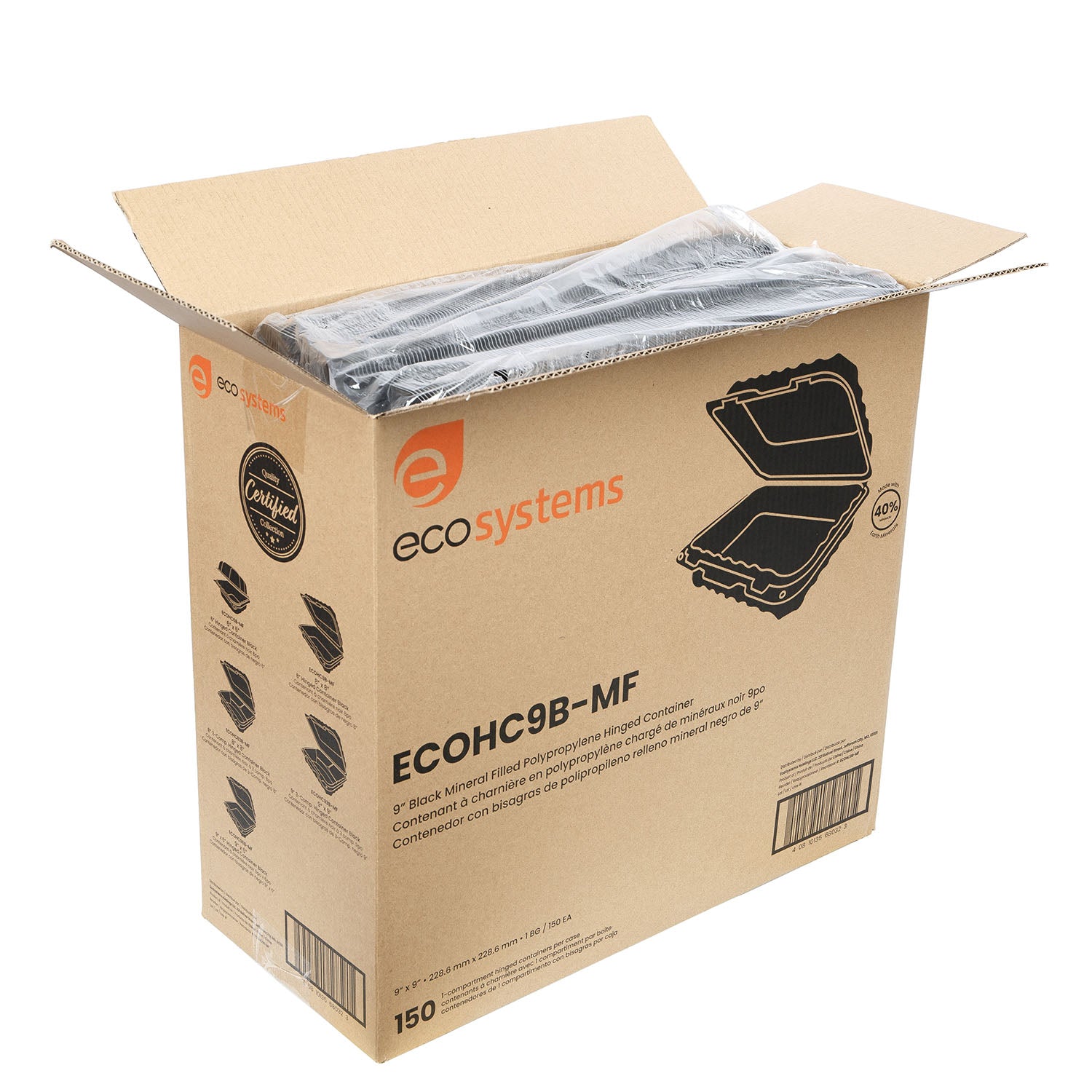 EcoSystems 9"x9" Black Mineral Filled Polypropylene 1-Compartment Hinged Container - 150 ct