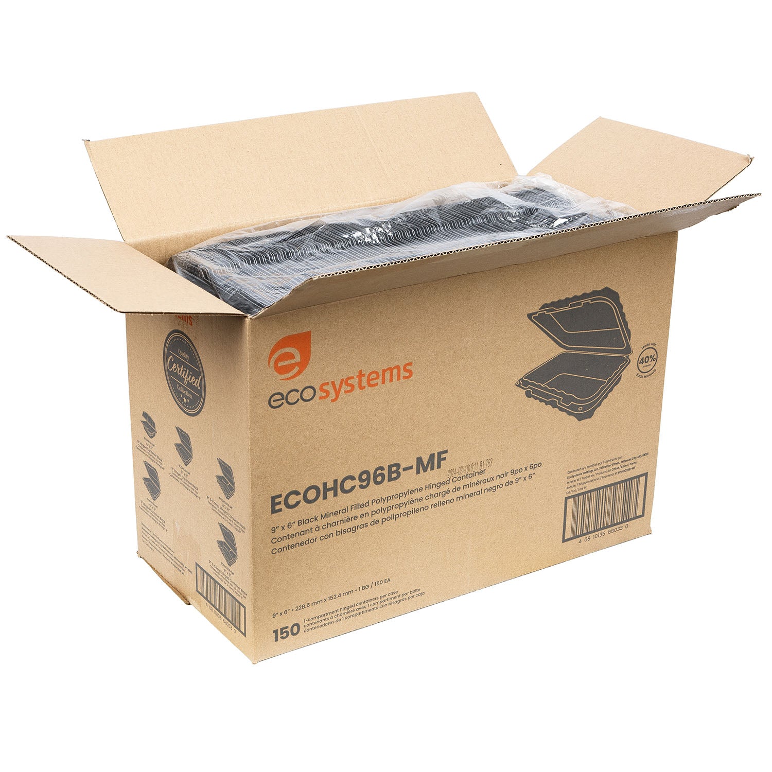 EcoSystems 9"x6" Black Mineral Filled Polypropylene Hinged Container - 150 ct