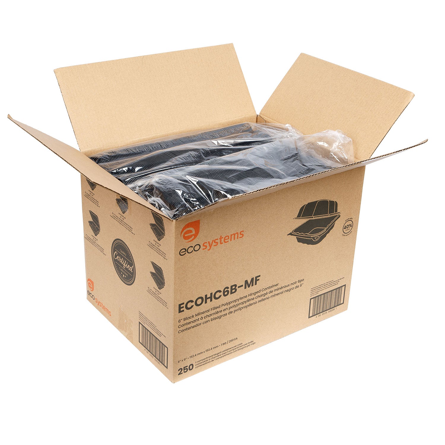 EcoSystems 6"x6" Black Mineral Filled Polypropylene Hinged Container - 250 ct