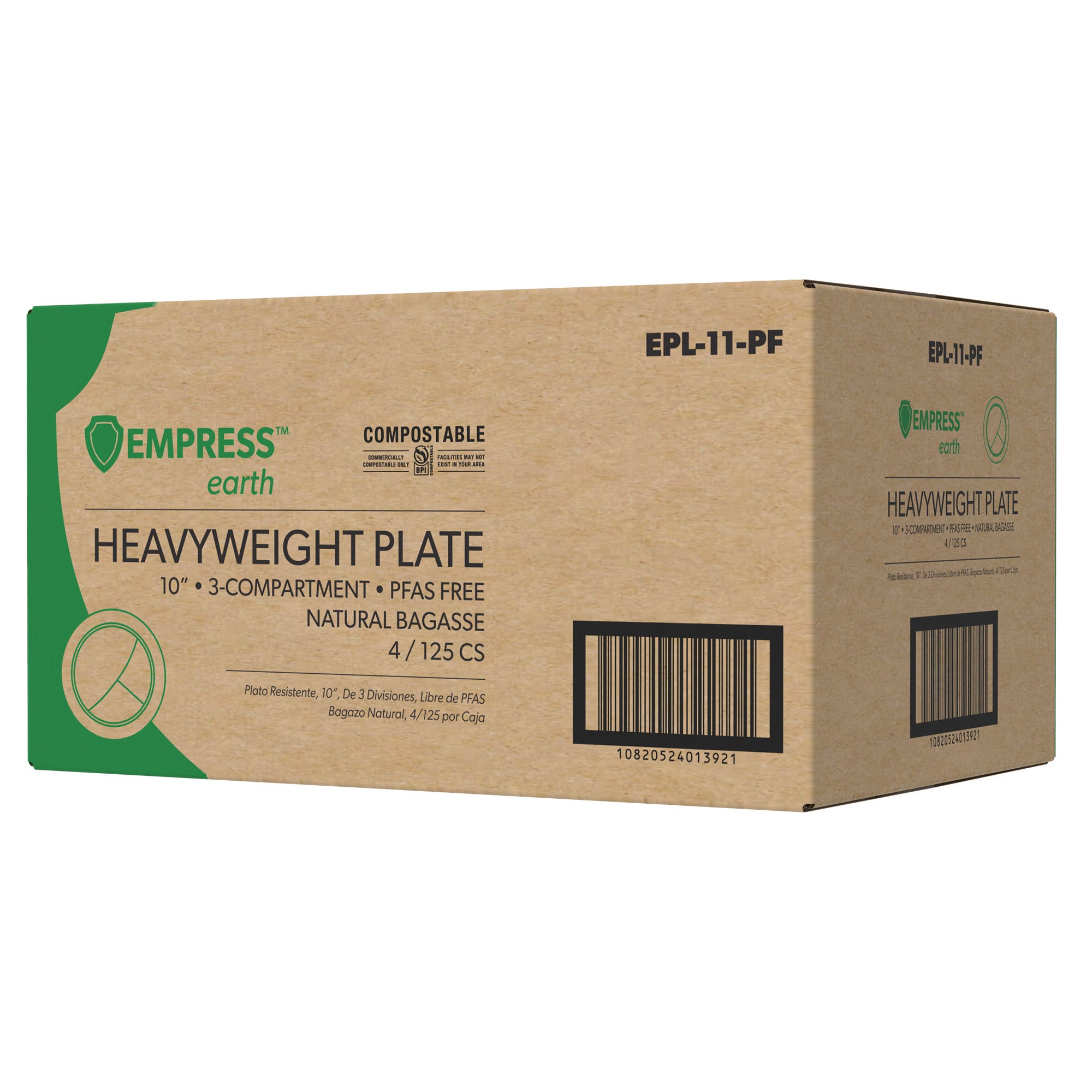 Empress Earth® Heavyweight 10" 3-Compartment Natural Bagasse PFAS Free Plate
