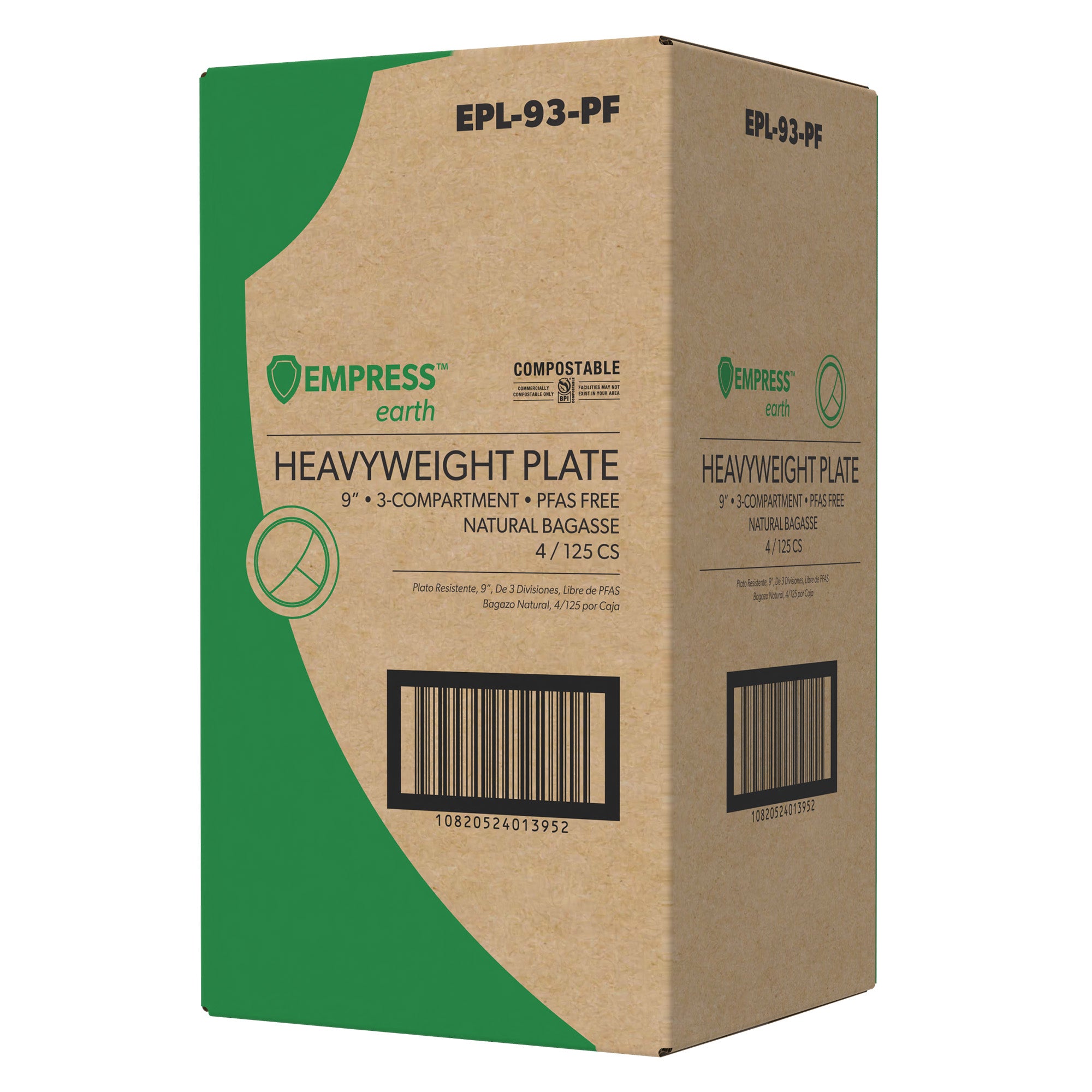 Empress Earth® Heavyweight 9" 3-Compartment Natural Bagasse PFAS Free Plate