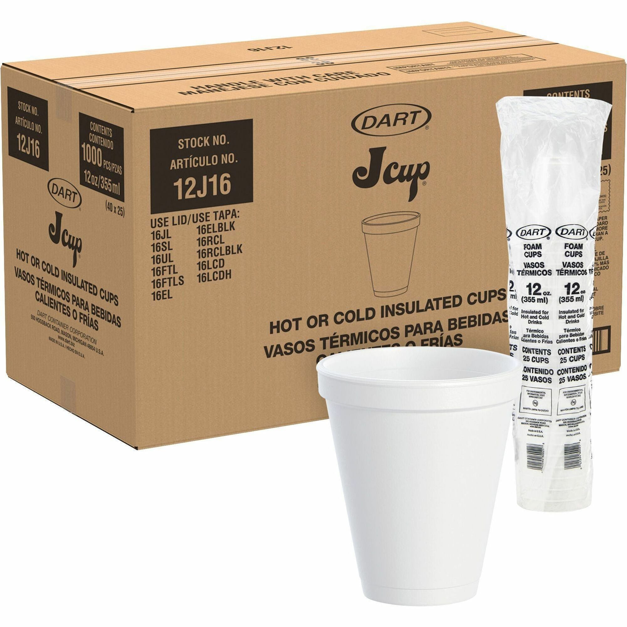 Dart® 12J16 12oz Styrofoam Cup- 1000ct