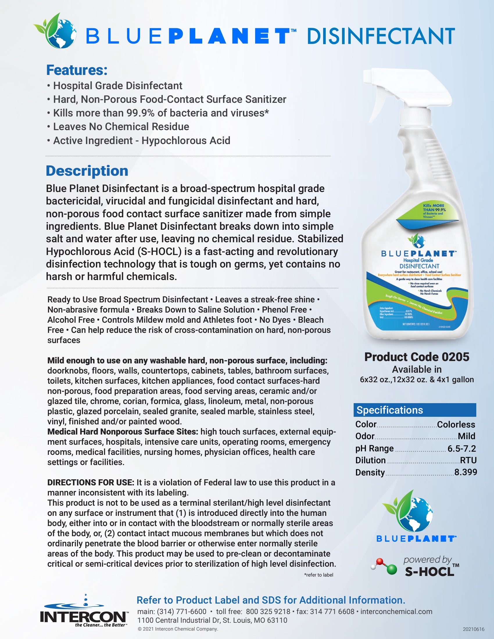 Intercon™ Blue Planet™ Hospital Grade Disinfectant