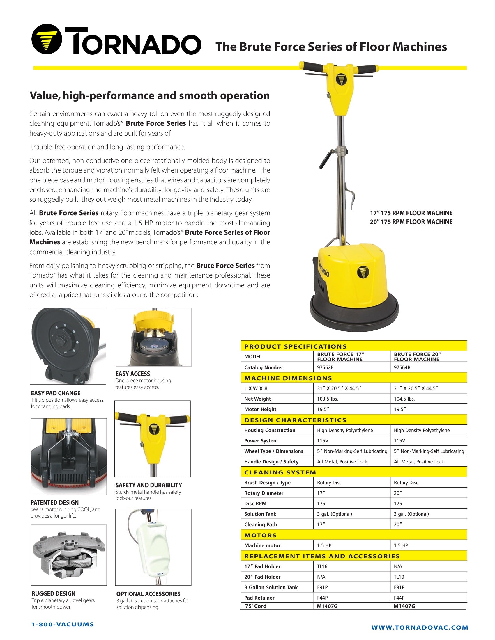 Tornado® Brute Force 175 RPM Floor Machine - 17"