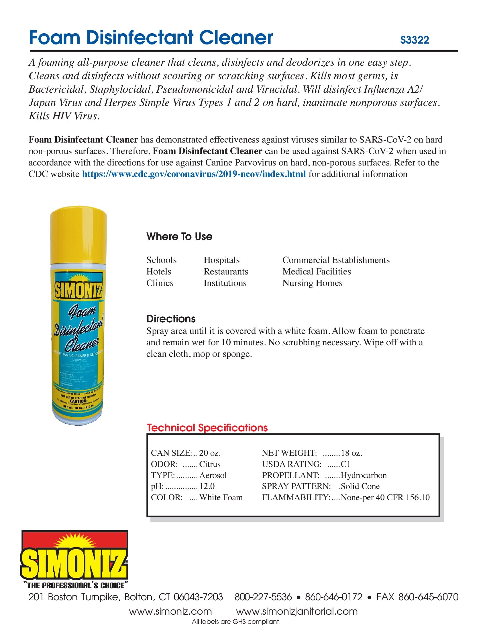 Simoniz® Foam Disinfectant Cleaner