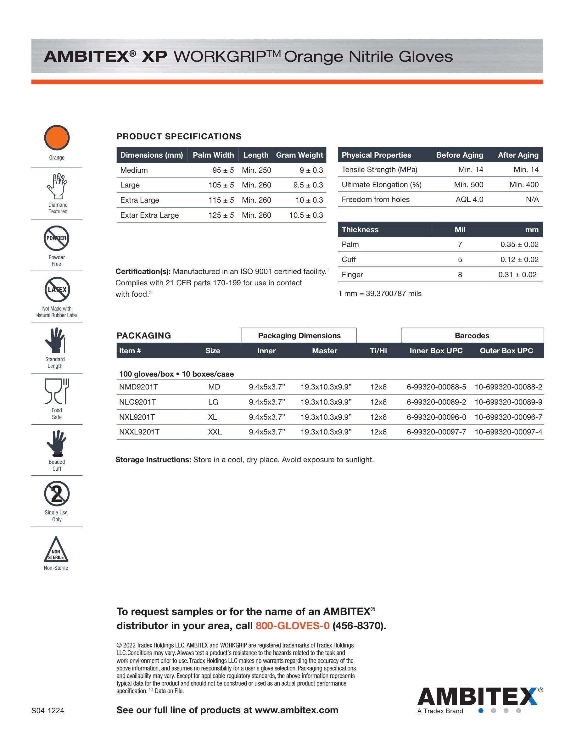 AMBITEX® XP WorkGrip™ 8 Mil Orange Powder Free Nitrile Gloves
