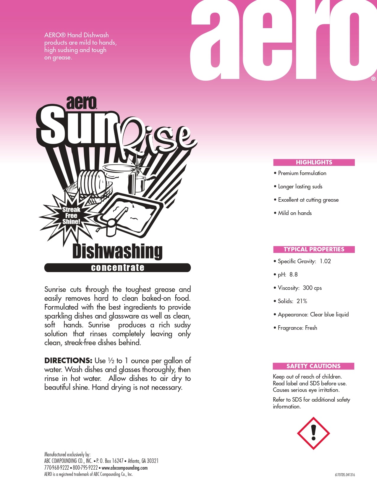 Aero® Sunrise Dishwashing Concentrate – 32oz Bottle