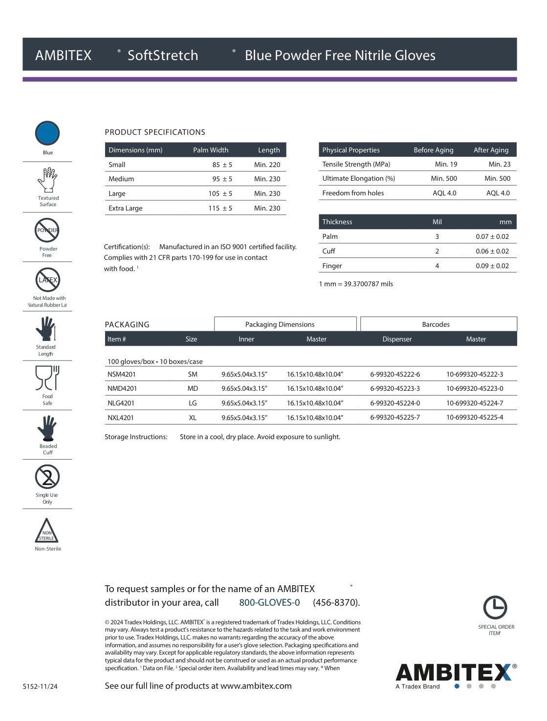 AMBITEX® SoftStretch™ 4 Mil Powder Free Blue Nitrile Gloves