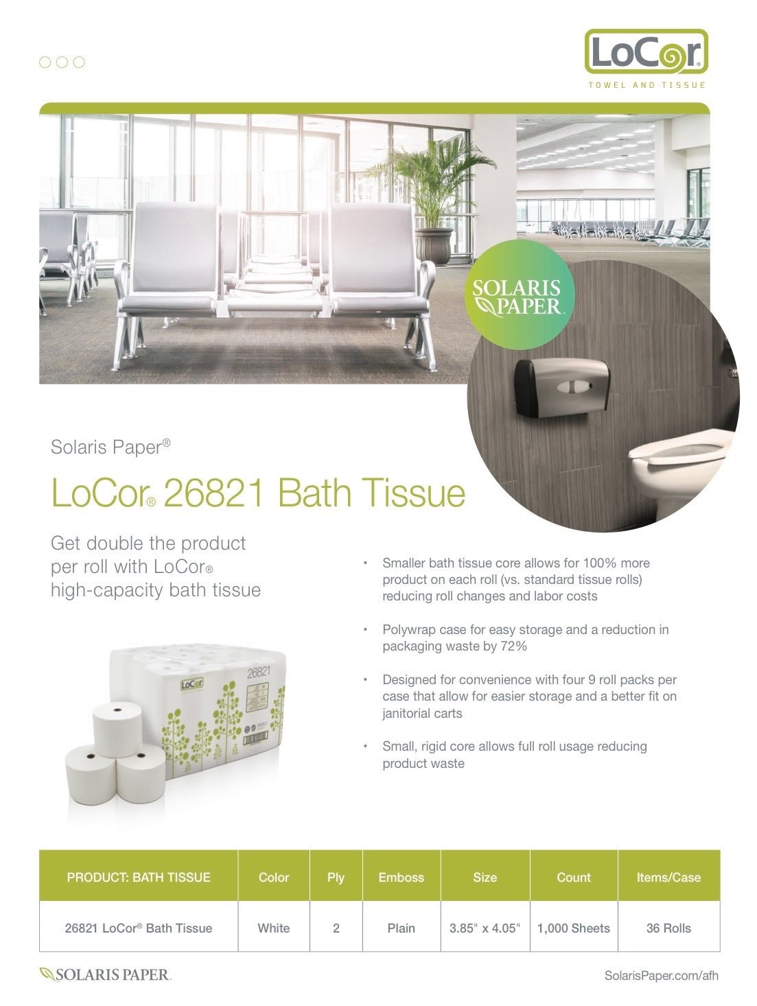 LoCor® Small Core 2-Ply Bath Tissue 1,000 Sheets – 36 Rolls