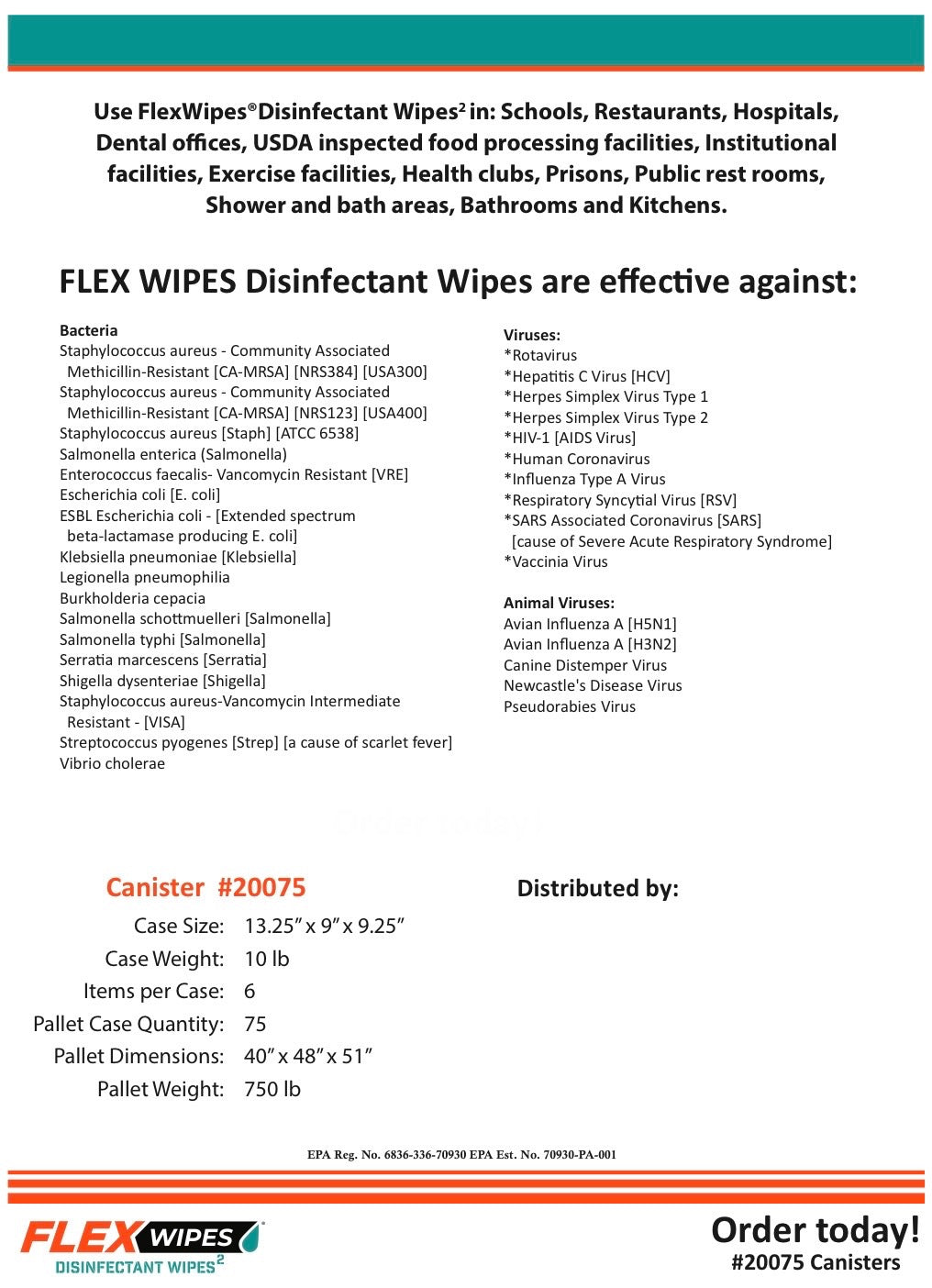 FlexWipes™ Disinfectant Wipes – 75 Count Canister (6/Case) – Item# FG20075