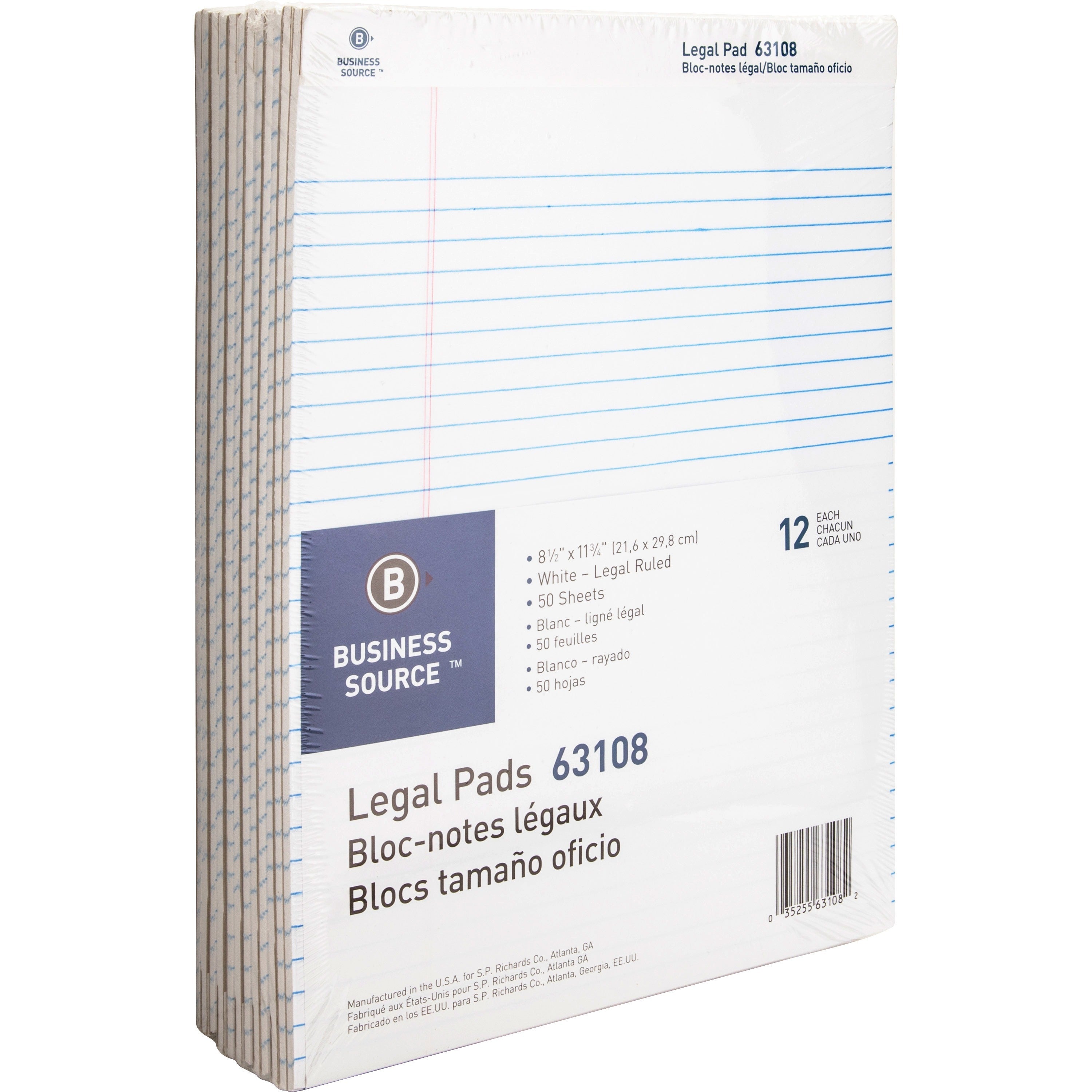 Business Source® Micro-Perforated Legal Ruled Pads – White (8.5” x 11.75”) - 12ct