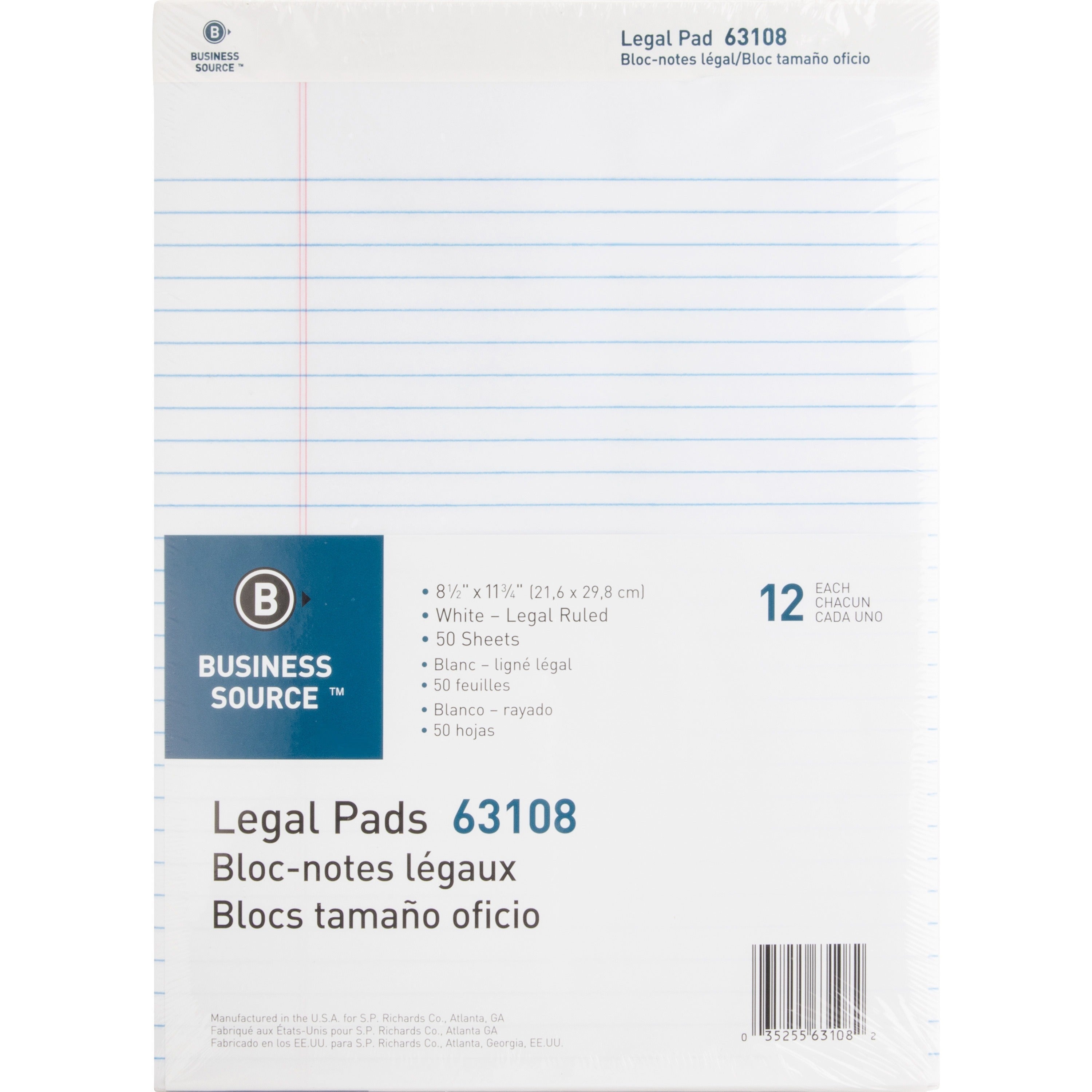 Business Source® Micro-Perforated Legal Ruled Pads – White (8.5” x 11.75”) - 12ct