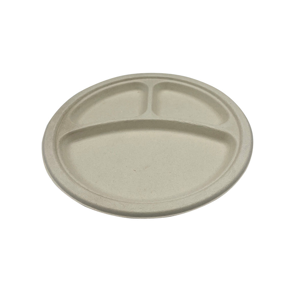 Empress Earth® Heavyweight 10" 3-Compartment Natural Bagasse PFAS Free Plate