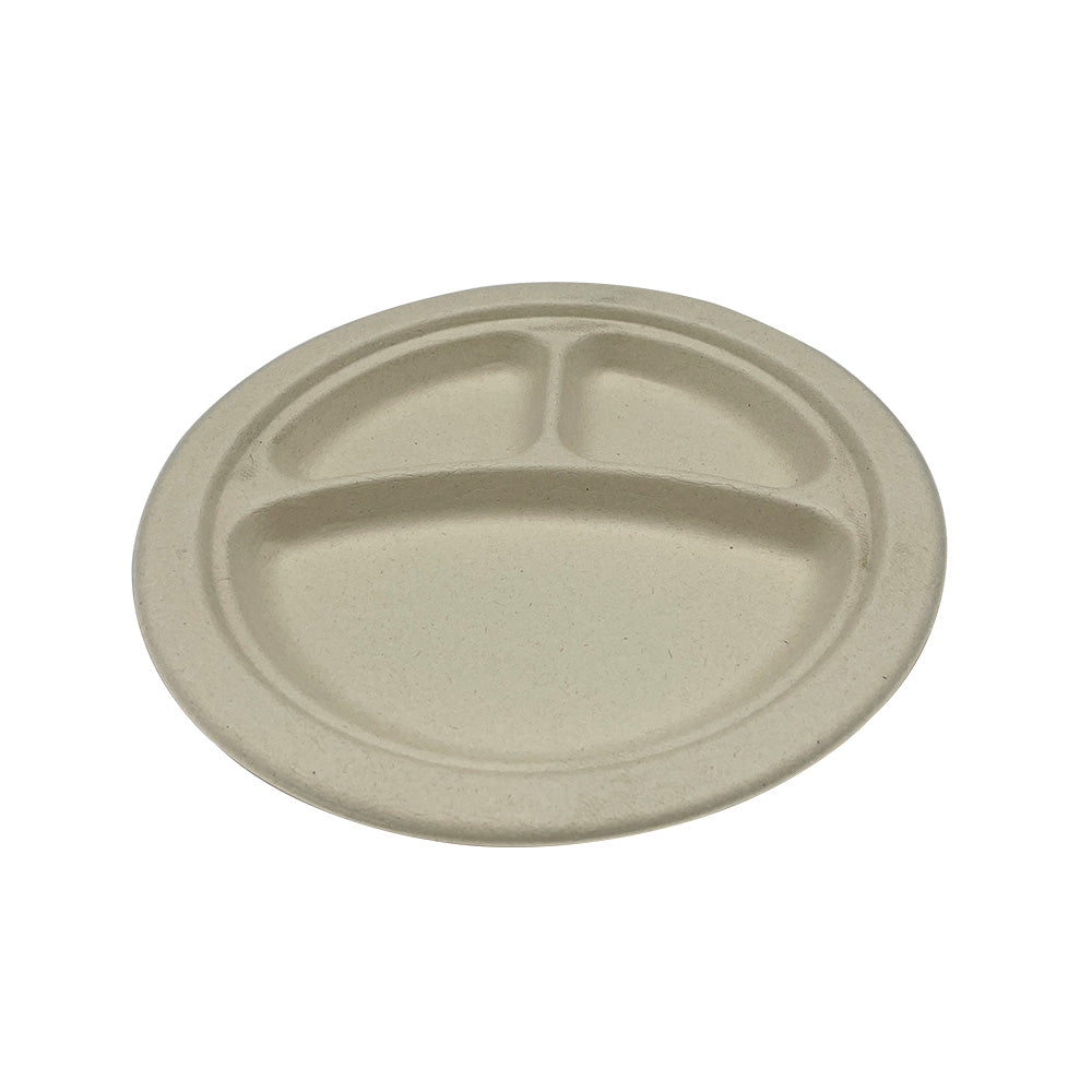 Empress Earth® Heavyweight 9" 3-Compartment Natural Bagasse PFAS Free Plate